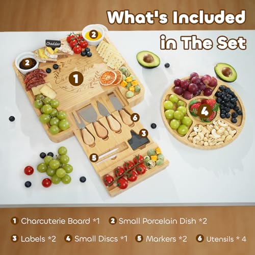 Personalized Charcuterie Board Set, Ideal Gift for Wedding, Housewarming, Holiday & Birthday, Natural Bamboo Cheese Board with Round Tray & Complete Knife Set