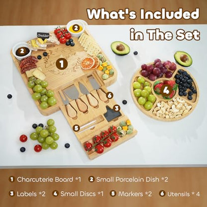 Personalized Charcuterie Board Set, Ideal Gift for Wedding, Housewarming, Holiday & Birthday, Natural Bamboo Cheese Board with Round Tray & Complete Knife Set
