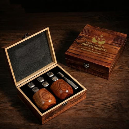 Charred Wooden Bourbon Drinking Glass Set | Premium Whiskey Tumblers with Whiskey Stones, Tongs and Wooden Gift Box, Perfect Gifts for Men, Dad, Boyfriend and Friends