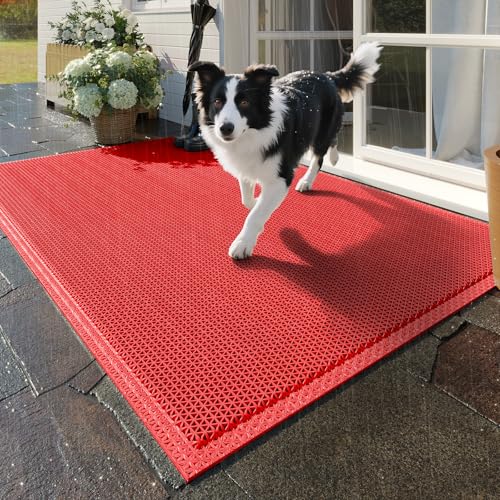 Front Door Mat Outside Entrance Drainage Doormats Red 24"x35" | Outdoor Welcome Mats For Patio Waterproof, Dirt Trapper with Non-Slip Rubber Backing, Dirt Mat for Garage Home Pool Entrance - color: Red, size: 24''x36''
