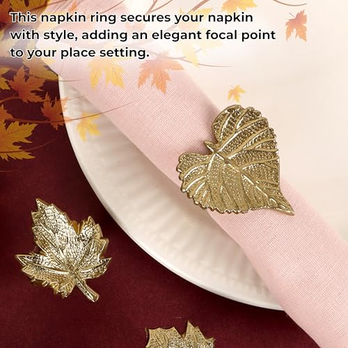 Metal Leaf Napkin Rings, 12-Pack, Antique Gold | Durable metal, 2.75x2.25x1.75 in each, polished finish, Thanksgiving, weddings, fall & holiday table décor
