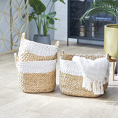Deco 79 Seagrass Handmade Two Toned Storage Basket with Handles, Set of 3 19", 17", 15"W, Brown - size: 19" x 17" x 15"