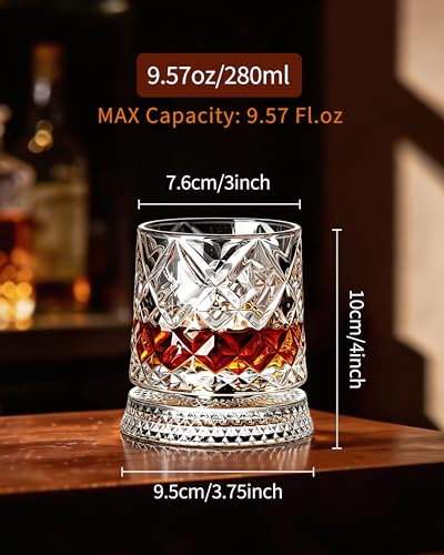 CEEFU 360° Spinning Whiskey Glasses Set with Gift Box, Set of 2 | Old Fashioned with Rotating Base - 2 Big Ice Ball Molds - Bourbon, Cocktail, Rocks, Bday Gifts Ideas for Men, Ice Crackle - size: 9.5 oz-Ice Crackle Pattern