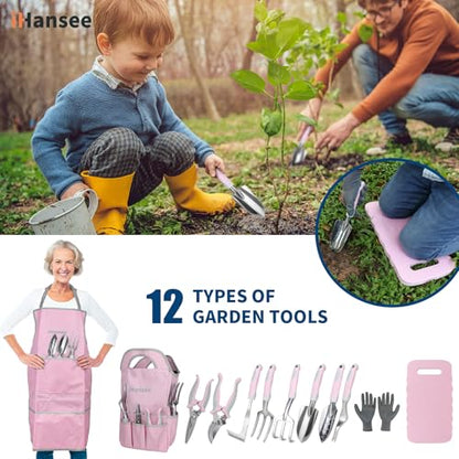 Pink Garden Tools Set 12-Piece, Gardening Gifts for Women | Aluminum Gardening Hand Tool with Non-Slip Handle, Kneeling Pad, Apron, Gloves and Organizer Handbag, Landscaping Tools - color: pink