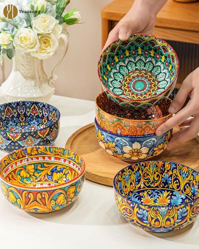 Yeacccng Bohemian Cereal Bowls Set of 6, 5.9 Inch 27 Oz Ceramic Soup Bowls, Microwave Dishwasher Safe, Lead-Free Scratch-Resistant for Oatmeal Pasta Salad, Colorful Boho Bowls