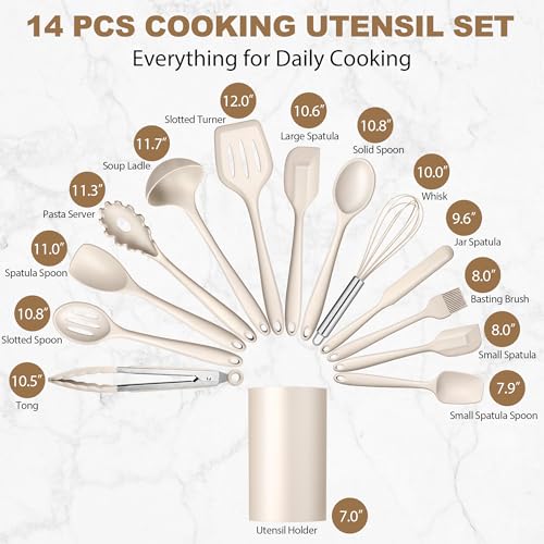 LIANYU 14 Pcs Silicone Cooking Utensils Set with Holder, Khaki | Kitchen Utensils Set for Non-Stick Cookware, 446°F Heat Resistant Cooking Tools with Comfort Grip Handle, Dishwasher safe - color: Khaki