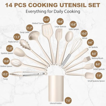 LIANYU 14 Pcs Silicone Cooking Utensils Set with Holder, Khaki | Kitchen Utensils Set for Non-Stick Cookware, 446°F Heat Resistant Cooking Tools with Comfort Grip Handle, Dishwasher safe - color: Khaki