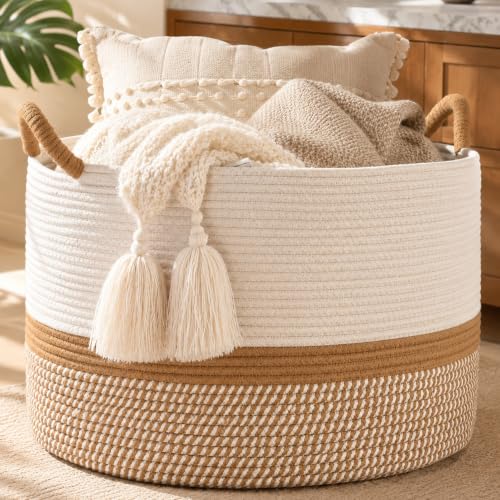 KAKAMAY Large Blanket Basket with Handles, Storage Basket for Living Room | Extra Large Capacity | Blanket Storage | Laundry Basket | Natural Cotton Rope | Stuffed Animal Storage | Woven Storage Basket - color: Brown