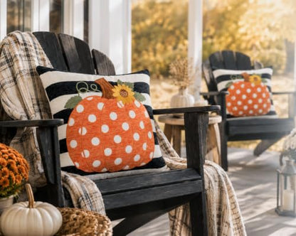 Embroidery Fall Pumpkin Pillow Covers Set of 2(Black & White,20x20) | Soft chenille, black-and-white stripe design, applique pumpkin and sunflower embroidery, hidden zipper, for sofa and bed - size: 20" x 20" (Pack of 2)