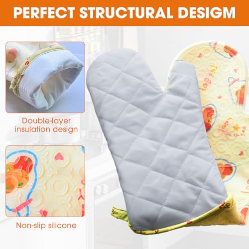 Silicone Oven Mitts Set Heat Resistant 2PCS Kitchen Mittens with Soft Cotton Lining Long Waterproof Non-Slip Oven Gloves for Cooking, BBQ, Baking-Fruit - color: Fruit