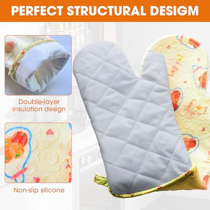 Silicone Oven Mitts Set Heat Resistant 2PCS Kitchen Mittens with Soft Cotton Lining Long Waterproof Non-Slip Oven Gloves for Cooking, BBQ, Baking-Fruit - color: Fruit