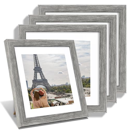 Hongkee 10x10 Picture Frame Set of 4, Made of Glass and Grey Wooden Frame - Display Picture 8x8 with Mat or 10 x 10 Without Mat, 10 by 10 Photo for Wall or Tabletop - color: Grey, size: 10x10 in