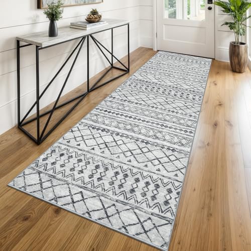 KUTA Moroccan Washable Runner Rug 2.6x8 Grey Boho Hallway Runners | Non-Slip, Non-Shedding, Low Pile, Ultra Soft Geometric Floor Carpet Rugs for Kitchen Entryway Bathroom Bedroom Laundry Foyer - color: Grey, size: 2'7" x 8' (Runner)