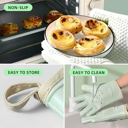 Silicone Oven Mitts, Non-Slip Waterproof Heat Resistant 450 Degrees Kitchen Gloves with Fingers, Cotton Lined Mitt for Grilling Cooking Baking - Mint Green (2 Pieces)