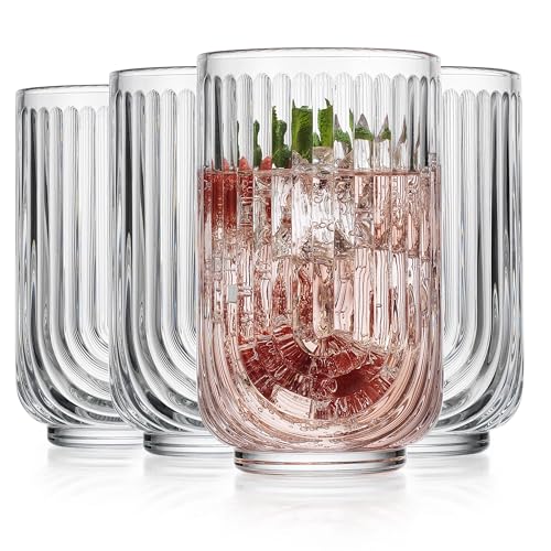 Glaver's Vintage Glassware Art Deco Glasse Ribbed Drinking Glasses U-Shape Arch Design Colored Cocktail Kitchen Tumblers Everyday Dinner Decorative Party (Clear S/4 17oz) - style: Clear S/4 17oz