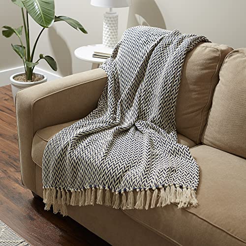 DII Modern Zig Zag Throw Blanket Woven Cotton, Hand-Knotted 2.5" Fringe, 50x60, Nautical Blue - color: Nautical Blue, size: 50x60"