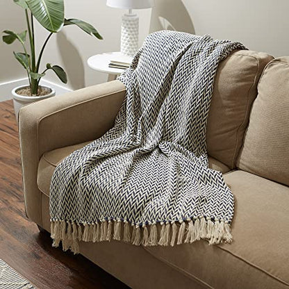 DII Modern Zig Zag Throw Blanket Woven Cotton, Hand-Knotted 2.5" Fringe, 50x60, Nautical Blue - color: Nautical Blue, size: 50x60"