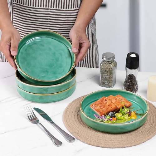 LIANYU 33oz Pasta Bowls, 8.25’’ Wide Shallow Salad Plates Set of 4 | Stoneware Ceramic Dinner Serving Bowls for Cereal, Fruit, Soup, Microwave & Dishwasher Safe, Emerald Green - color: Emerald Green