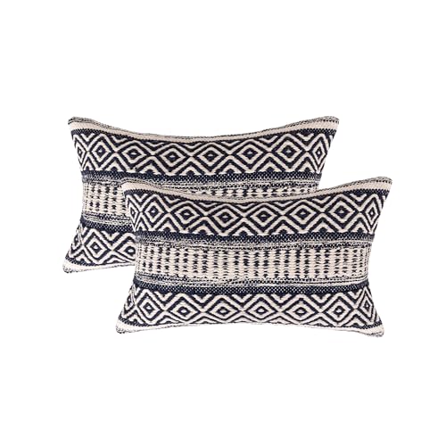 · REDEARTH · Boho Textured Handwoven Throw Pillow Cases - Indigo Impression | 100% Cotton, 12x20"; Woven Tufted Decorative Farmhouse Cushion Covers; Set for Couch, Sofa, Bed, Chair, Dining, Covered Patio - color: Indigo, size: 12" x 20" (Pack of 2)