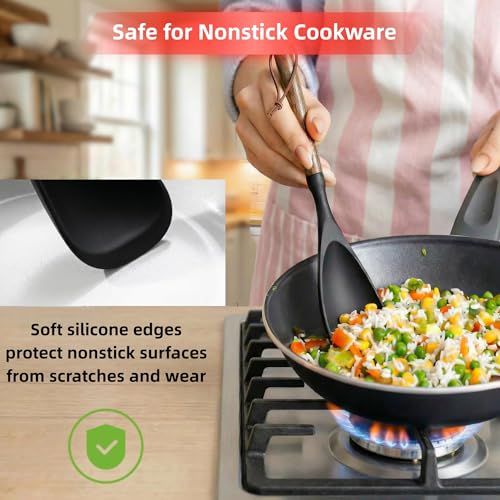 2-Pack Silicone Spoonula with Wooden Handle, BPA-Free Spatula Spoon for Nonstick Cookware, Heat Resistant Cooking Spoon for Mixing, Scraping, Scooping and Serving(Black) - color: Black