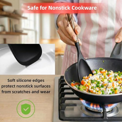 2-Pack Silicone Spoonula with Wooden Handle, BPA-Free Spatula Spoon for Nonstick Cookware, Heat Resistant Cooking Spoon for Mixing, Scraping, Scooping and Serving(Black) - color: Black