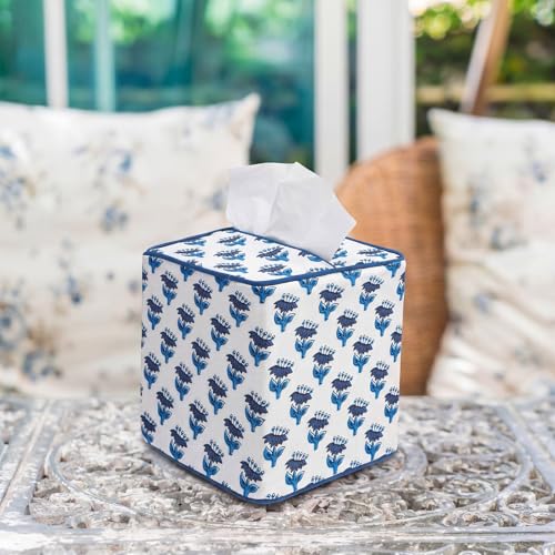 Blue Fabric Tissue Box Cover - Floral Print Tissue Box & Decorative Square Napkin Holder Handmade Cotton for Home Bedroom Vanity Countertop Night Stands Office (Dark Blue) - style: Dark Blue
