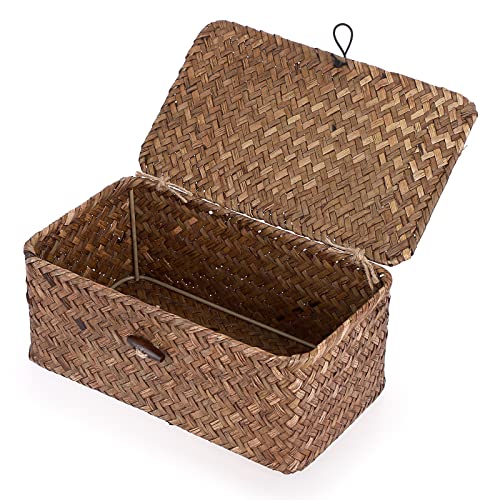 Hipiwe Wicker Shelf Baskets Bin with Lid, Handwoven Seagrass Storage Boxes | Rectangular Household Basket Boxes for Shelf Wardrobe Home Organizer, Coffee X-Small - color: Coffee, size: X-Small