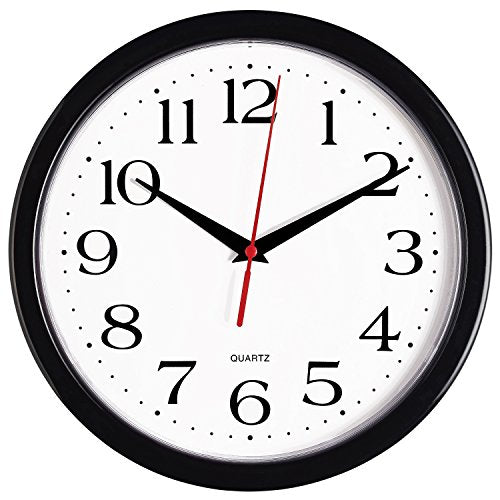 Bernhard Products Black Wall Clock Silent Non Ticking 10 Inch Quality Quartz Battery Operated Round Easy to Read Home/Office/Kitchen/Classroom/School Clock Sweep Movement - size: 10 Inch