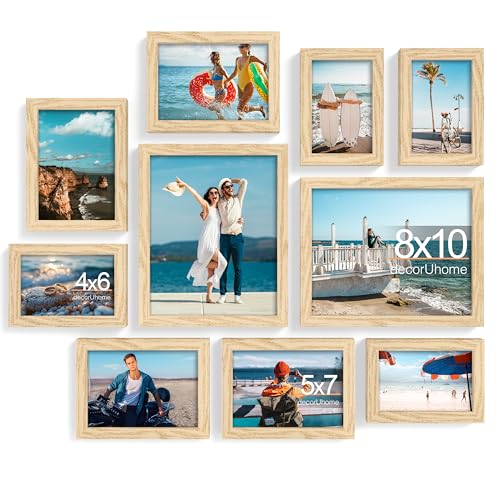 decorUhome 10 Pack Assorted Picture Frame Set for Wall & Tabletop, P0710NT | Natural, Multi Size Picture Frame Includes Two 8x10 / Four 5x7 / Four 4x6 for Family Gallery Wall - color: Natural