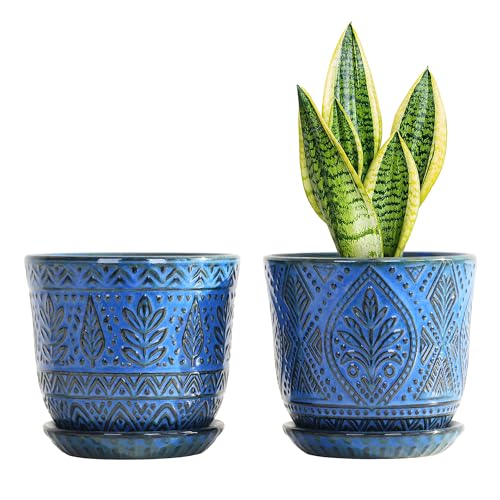Gepege Ceramic Plant Pots, 6 Inch Indoor Planters with Drainage & Saucers | Ceramic pots for plants with drainage holes, ceramic saucers and mesh pads, ideal for flowers, herbs and succulents, set of 2 - color: Blue-b, size: 6 Inch - Set of 2