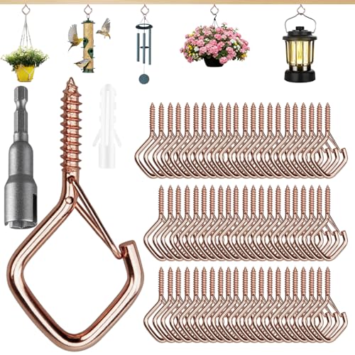 62 PCS Metal Rose Gold Eye Screw Hooks for Hanging Heavy Duty.Windproof Ceiling Hooks for Hanging Plants,Cup,Wind Chime,Bird Feeders,Christmas String Lights at Indoor&Outdoor 2.2 Inch - color: Rose Gold, size: 62Pcs