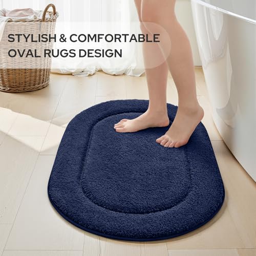 HOMEIDEAS Navy Blue Oval Bathroom Rug Sets 2 Piece 20" x 32" + 16" x 24" | Microfiber Bath Mats, Non-Slip TPR Backing, Ultra Absorbent & Quick Dry, Machine Washable for Bathroom, Shower, Tub - color: Navy Blue