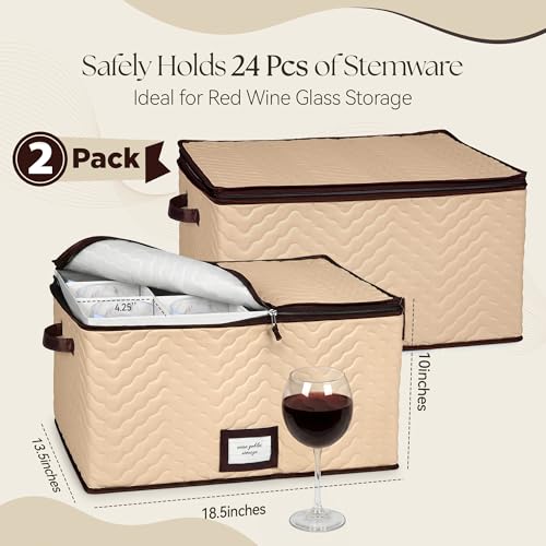 Wine Glass Storage Box with Dividers, Holds 12 Glasses up to 4.25" Wide | 2 Pack, Stemware Storage Case, Protects Fine China, Durable Quilted Microfiber, Carry Handles, Ideal for Red Wine Glass - size: Red Wine Glass, style: 2 Pack