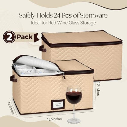 Wine Glass Storage Box with Dividers, Holds 12 Glasses up to 4.25" Wide | 2 Pack, Stemware Storage Case, Protects Fine China, Durable Quilted Microfiber, Carry Handles, Ideal for Red Wine Glass - size: Red Wine Glass, style: 2 Pack