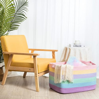 22in Extra Large Blanket Basket Holder Living Room, Rectangle Rope Woven Storage Basket with Handles for Laundry, Pool Towels, and Shoes, Dog Toy Organizer Bin Box, Pastel Rainbow