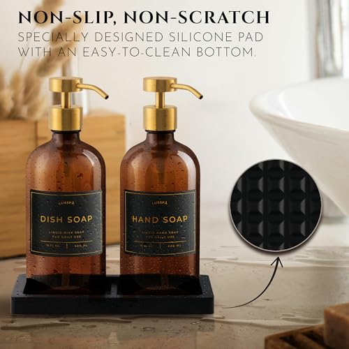 Glass Soap Dispenser Set of 2 (Amber) with Silicone Tray | Hand and Dish Soap Dispenser for Kitchen and Bathroom | 16.8 Oz Glass Bottles with Stainless Steel Pump & 15 Waterproof Labels (Amber/Gold) - color: Amber/Gold