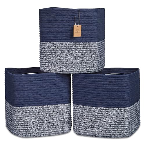 NaturalCozy 13 Inch Cube Storage Bins Cotton Rope Woven Baskets for Organizing 3-Pack | 13 x 13 Storage Cubes | Fabric Square Storage Baskets for Shelves Organizer, Kids Toy Bins, Closet Baby Nursery - color: Dark Blue & Mixed Dark Blue, size: 13 x 13 x 1