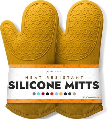 BPA-Free Soft Silicone Oven Mitts - Ultra Heat Resistant Oven Mitts with Thick Cotton Liner - Long Slip Resistant Pot Holders, Flexible Oven Gloves - Yellow 13.7" - color: Yellow, size: 2-Piece 13.7" Oven Mitts