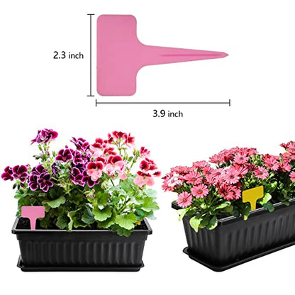 Fasmov 7 Pack 17 Inches Flower Window Box Plastic Vegetable Planters with Trays Vegetables Growing Container Garden Flower Plant Pot with 7 Pcs Plant Labels for Balcony, Patio, Garden, Black - color: 7pack,black