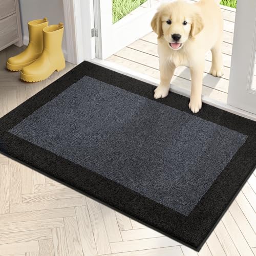 PURRUGS Dirt Trapping Indoor Door Mat, 24" x 36", Bluish Grey & Charcoal | Machine Washable, Non-Slip, Waterproof TPR Backing, Super Absorbent, Low Profile, Entryway Rug for Muddy Paws and Shoes - color: Bluish Grey & Charcoal, size: 24" X 36"