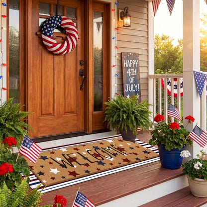 Tinideya 2 Pcs Long 4th of July Layered Outdoor Doormat Set, 250th Anniversary Patriotic Star Coir Welcome Mat with Red White Blue Stripe Rug for Independence Day Front Porch Entryway Home Decor - style: Star