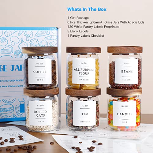 16 OZ Stackable Glass Food Storage Jars with 132 Pantry Labels Preprinted - 6 Pcs Thicken Glass Storage Containers with Airtight Acacia Lid - Clear Kitchen Canister for Spice, Tea, Coffee, Sugar - color: White