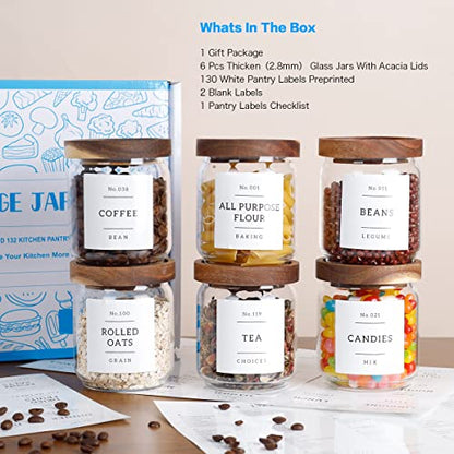 16 OZ Stackable Glass Food Storage Jars with 132 Pantry Labels Preprinted - 6 Pcs Thicken Glass Storage Containers with Airtight Acacia Lid - Clear Kitchen Canister for Spice, Tea, Coffee, Sugar - color: White
