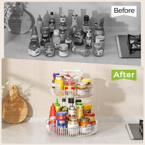 YCIA&DONE Premium 2-Tier Adjustable Lazy Susan Turntable Organizer 12 Inch Rotating Spice Rack for Cabinet, Kitchen Pantry Condiment Organizer with Deep Baskets and Handle, Transparent - color: Transparent