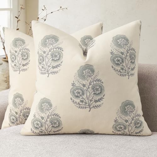 YCOLL Vintage Floral Print Pillow Covers 16x16 Set of 2 Patterned Accent Decorative Cushion Covers Modern Farmhouse Throw Pillow Covers for Sofa Couch Chair Bed Living Room Home Decor, Aqua Haze - color: Aqua Haze, size: 16" x 16" (Pack of 2)