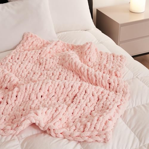 Chunky Knit Blanket Throw for Couch 40"×40" Pink | 100% Handmade Knitted Throw Blanket Fluffy Soft Blanket with Jumbo Chenille Yarn Thick - color: Pink, size: 40"*40"