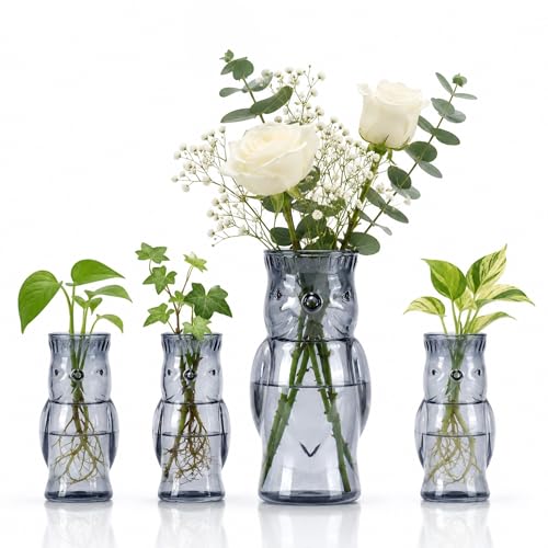 Owl Plant Propagation Station: Set of 4 Cute Grey Glass Vases | Small Plant Terrarium for Hydroponics, Home Office Decor, Birthday Gifts for Plant Lovers Women Mom Wife Daughter - color: Gray