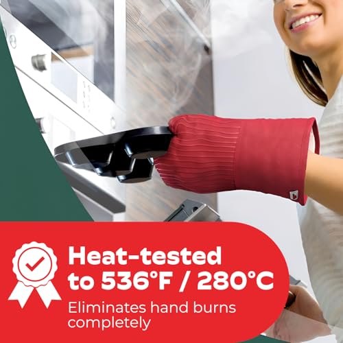 Silicone Oven Mitts - Red Set of 2-12.5" - Heat Resistant to 536 F / 280 C Kitchen Gloves - Professional Grade Protection Hot Cooking Baking - color: Red
