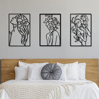 CHENGU 3 Pieces Metal Minimalist Abstract Woman Wall Art Line Drawing Wall Art Decor Single Line Female Home Hanging for Kitchen Bathroom Living Room - style: Floral Style