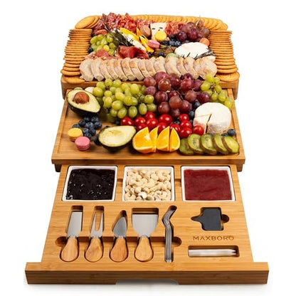 Extra Large Bamboo Charcuterie Board, 3-Layer Pull-Out Trays, Brown | 33.7"x15.7" 3-Layer Pull-Out Cheese Board with Slate Plate, Knife Set, Bowls, Ideal for Home Parties and Housewarming Gifts - color: Carbonized Bamboo